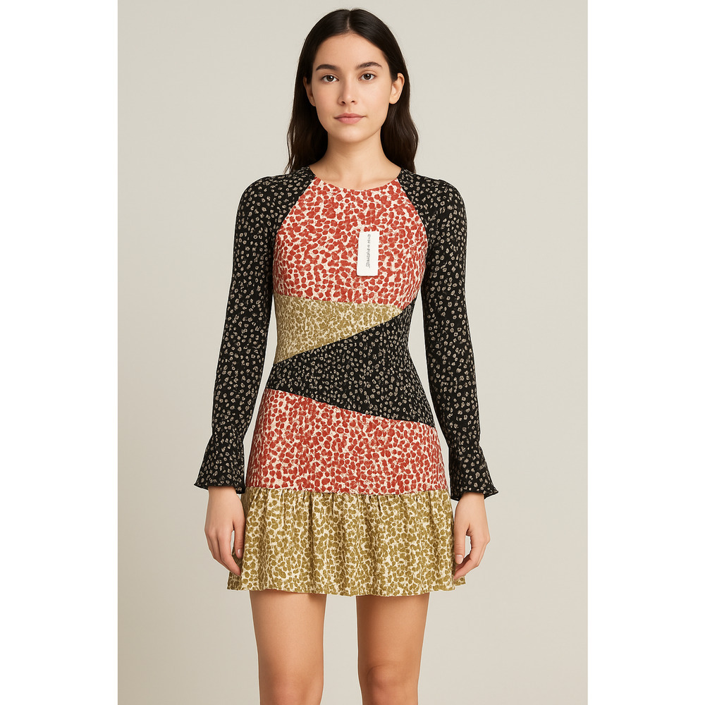 Foxiedox Romilly Dress Womens‎ XS Black Ditsy Floral Smocked Ruffle Hem Feminine